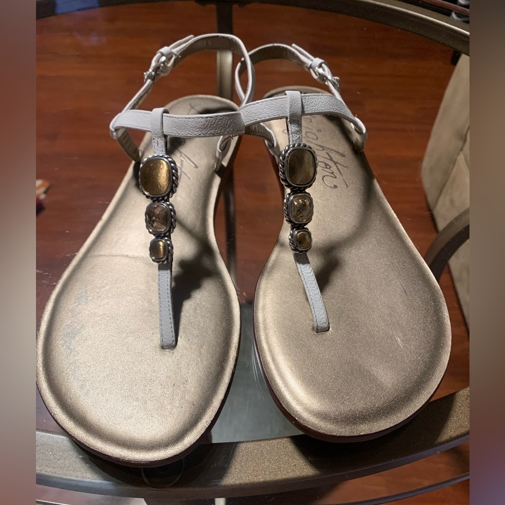 Brighton Gold-Tone Gem T-Strap Sandals with White Straps